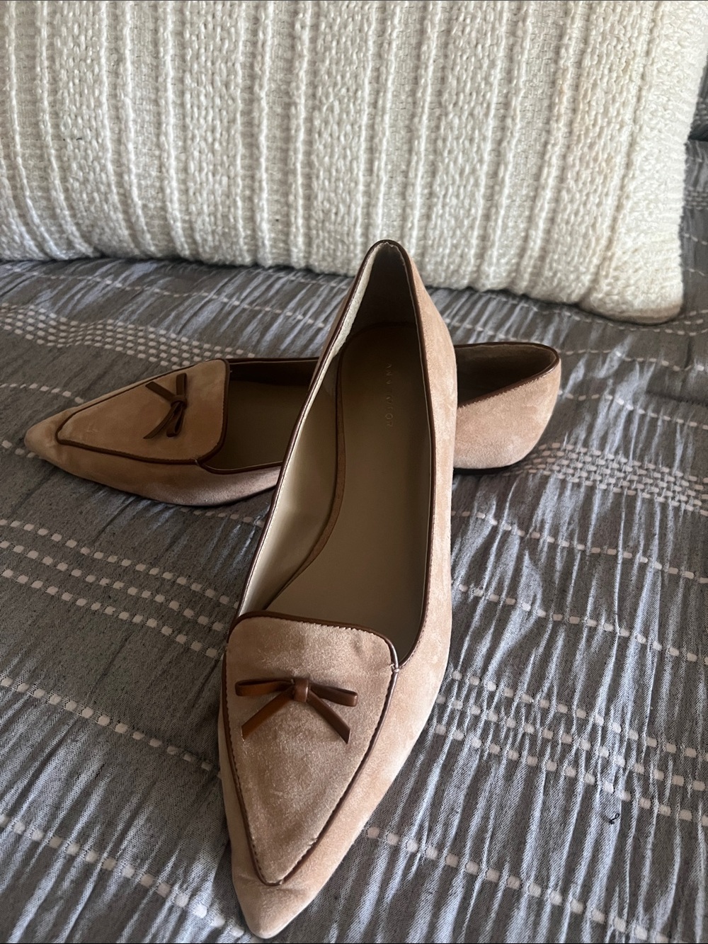 Ann Taylor Pointed Suede Flats in Taupe with Bow Trim